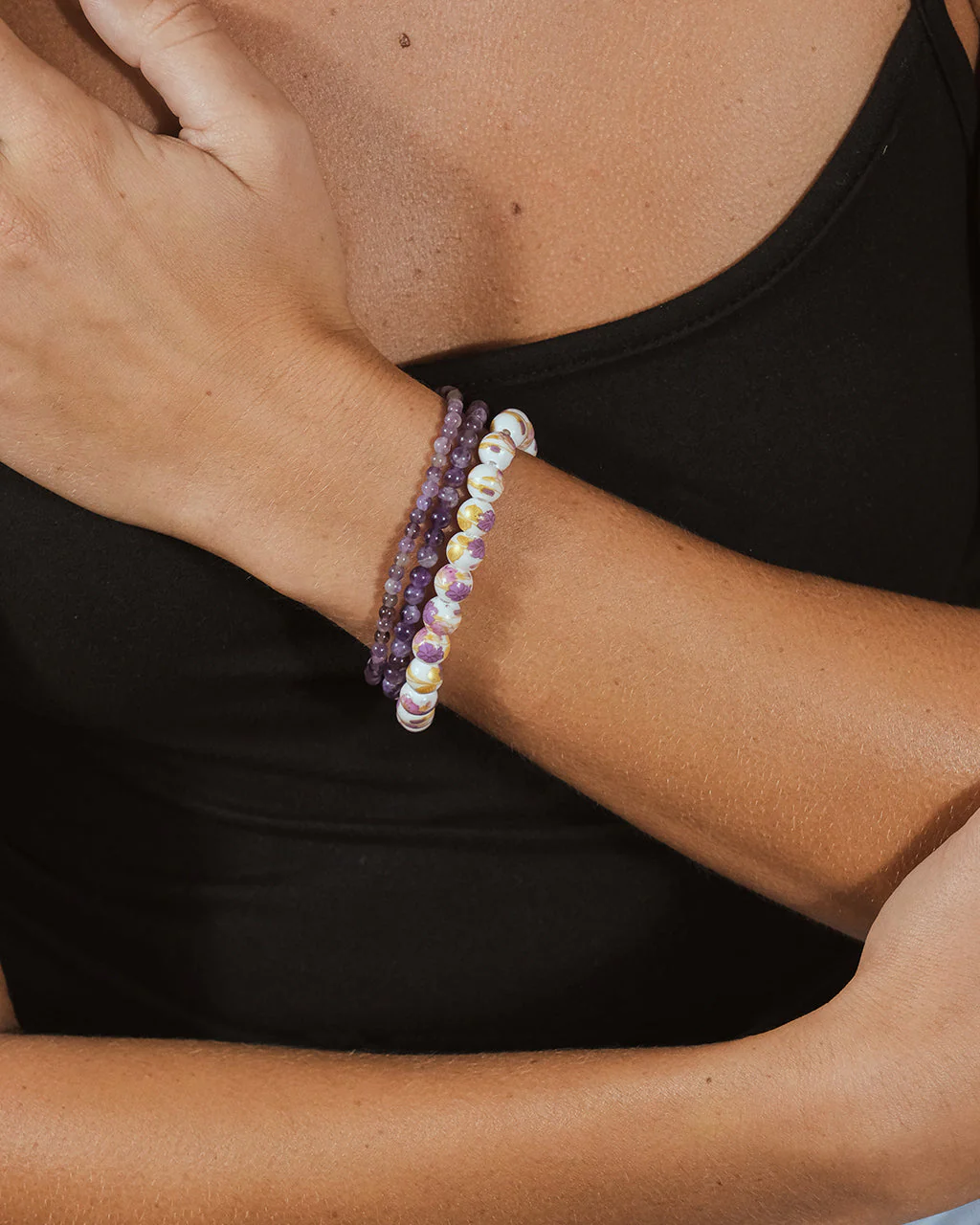 Amethyst & White Floral Stretch Bracelet Set of 3 - Image 2