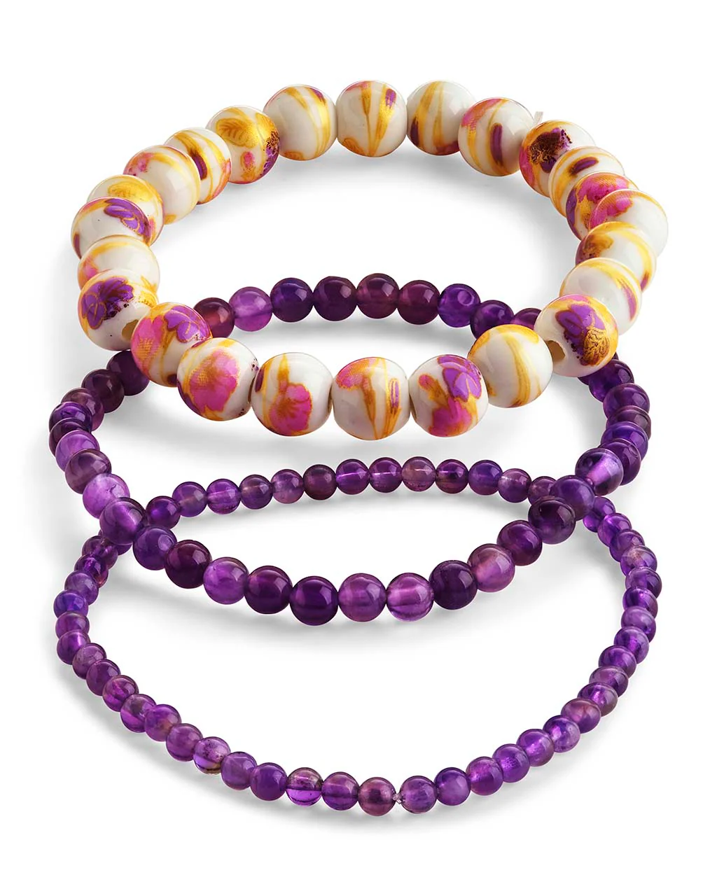 Amethyst & White Floral Stretch Bracelet Set of 3 - Image 3